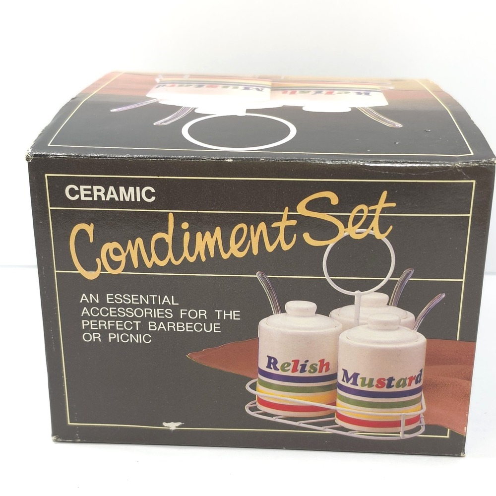 Vintage 1980's Hoan Ceramic Condiment Set With Caddy - Retro Rainbow Stripe NIB